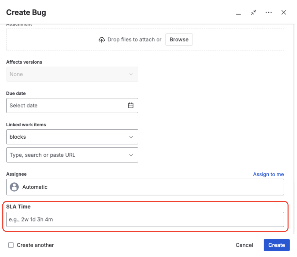 Create issue screen showing a Duration field with a 2d 4h value