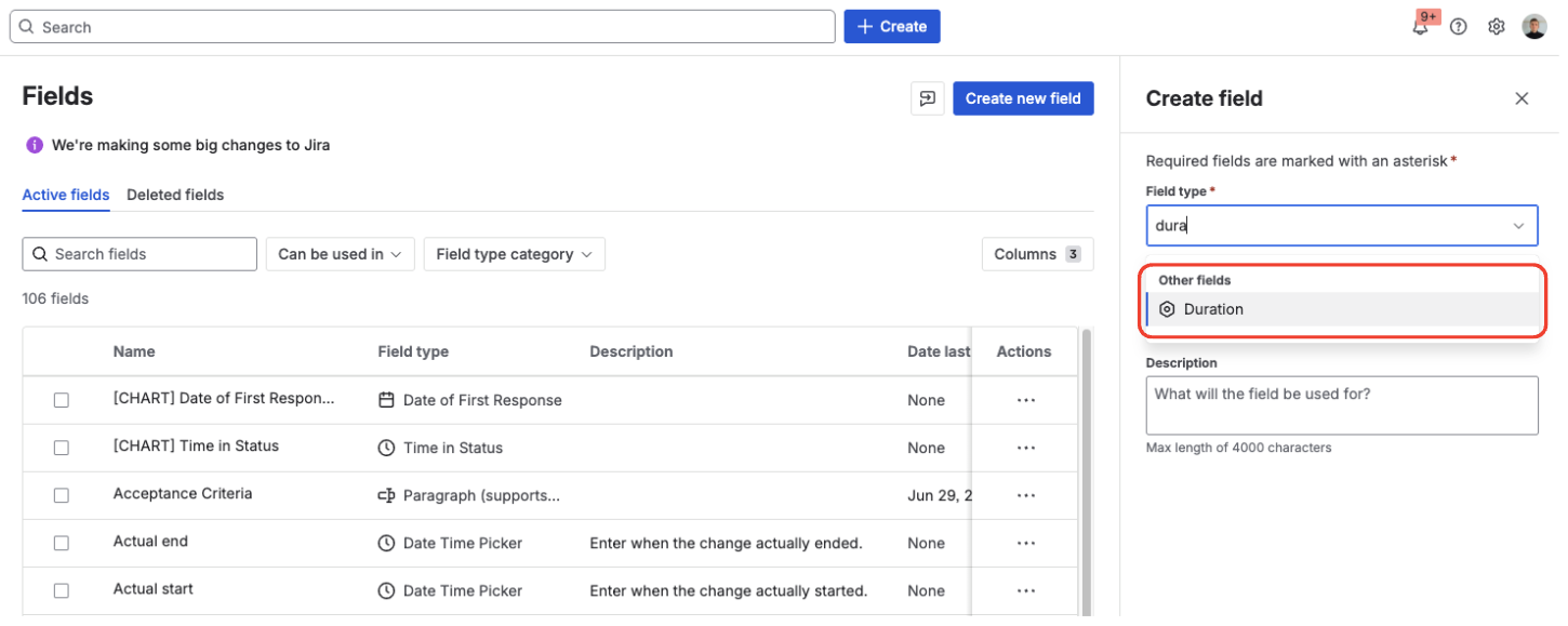 Field type picker showing the Duration custom field option selected