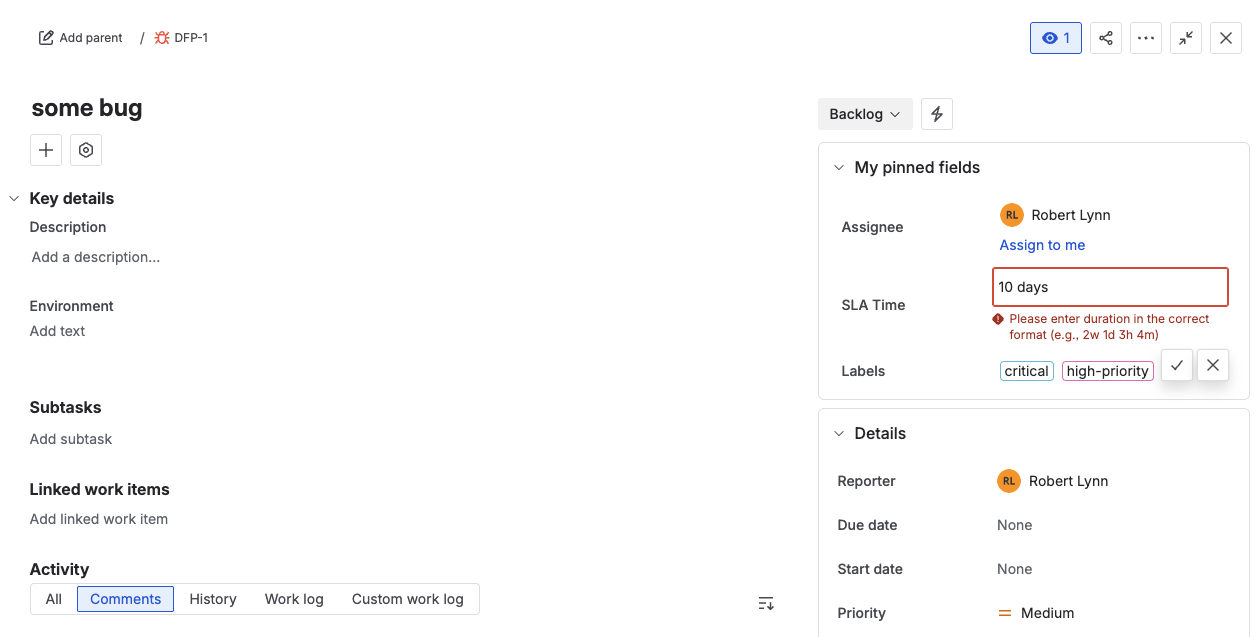 Duration field showing a validation error for an invalid duration format