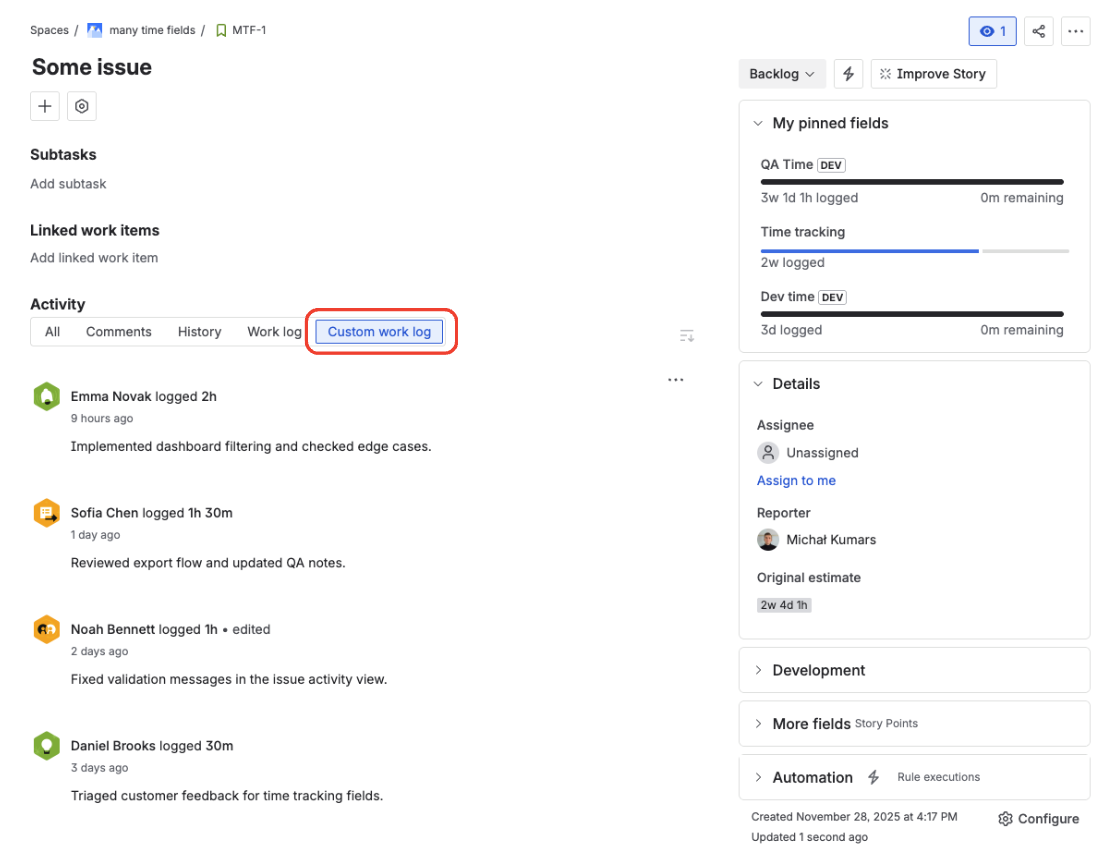 Time Tracking panel on a Jira issue with the Export CSV button visible at the top right