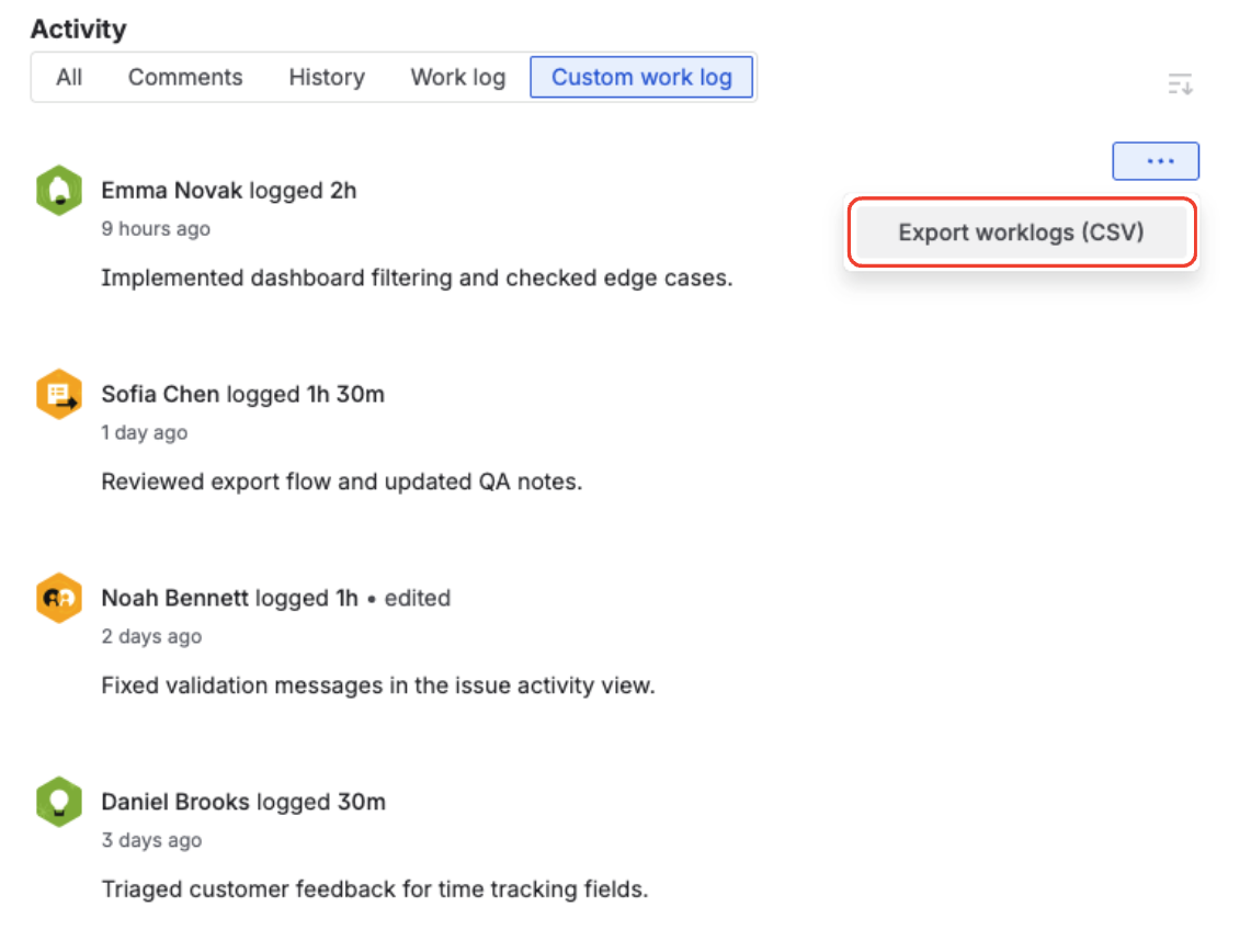 Downloaded worklog CSV opened in Excel with multiple Time Tracking fields