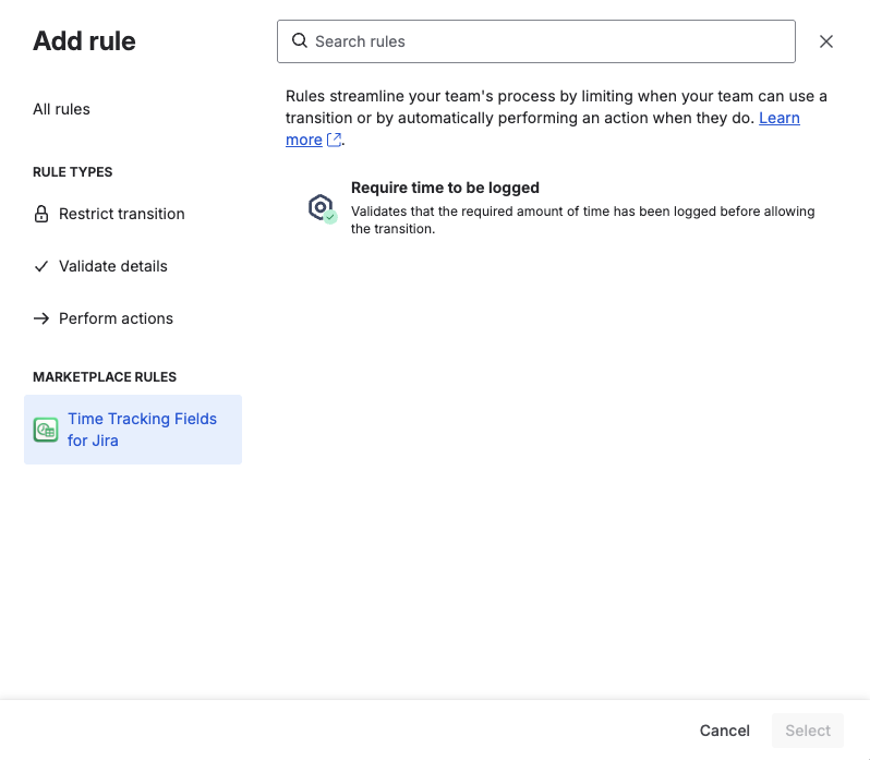 Validator selection screen in the Jira workflow editor showing the Require time to be logged option
