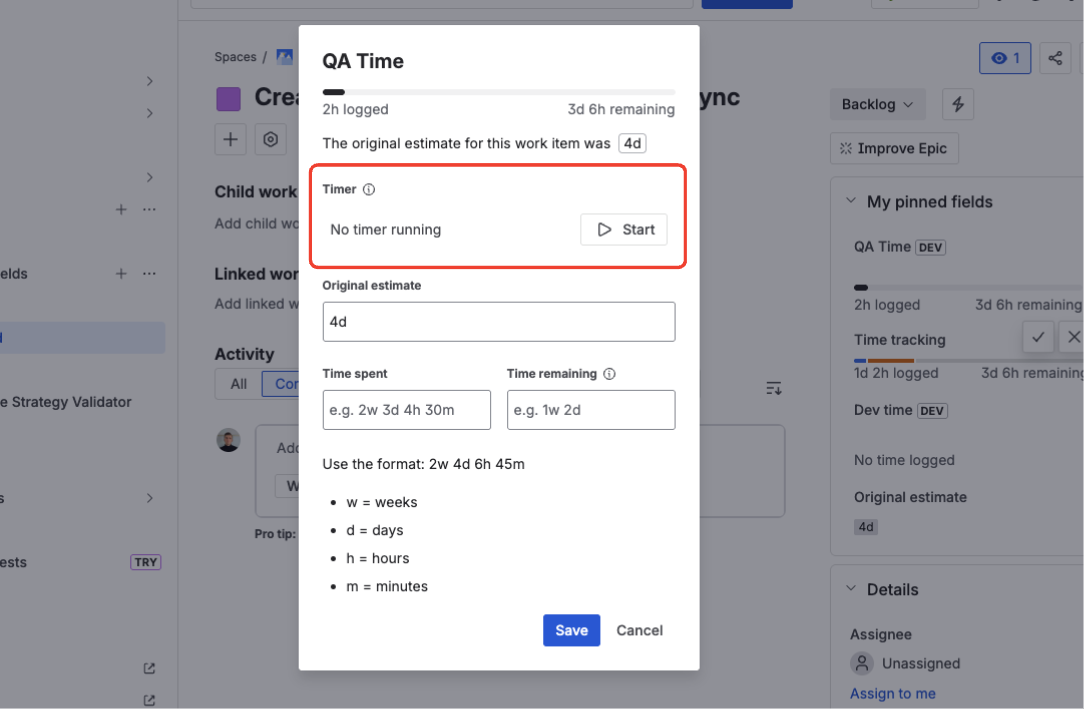 Log work modal with the Timer section at the top showing a Start button
