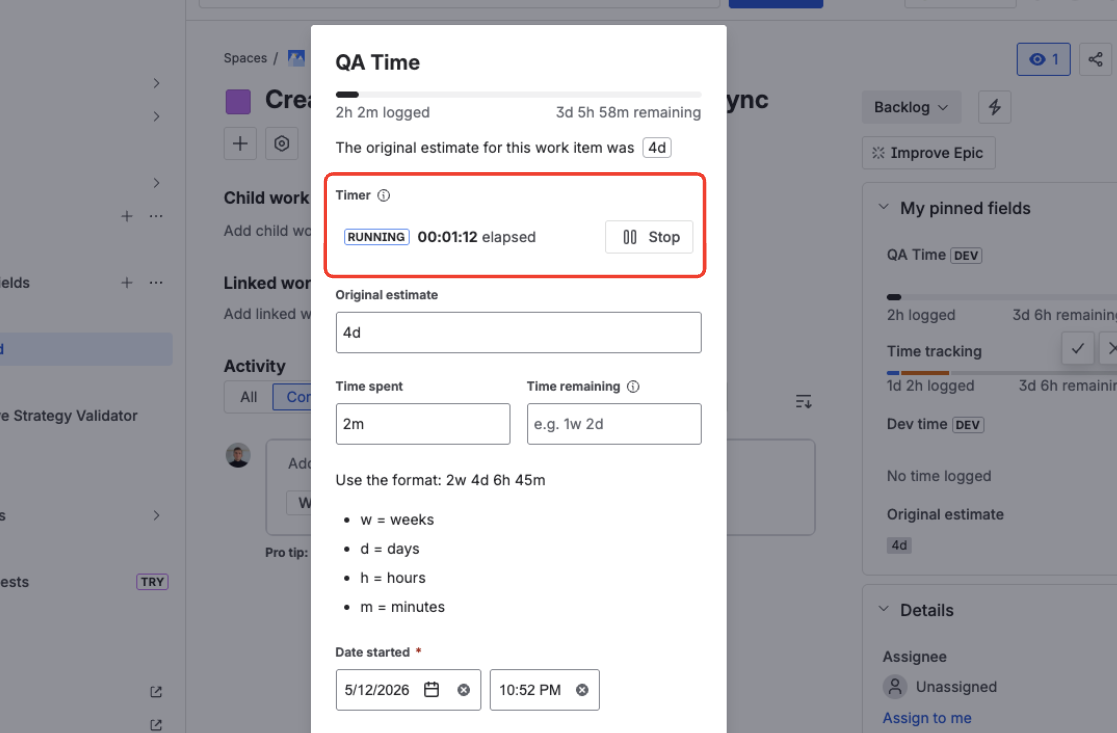 Log work modal after stopping a timer with time spent and date started auto-filled
