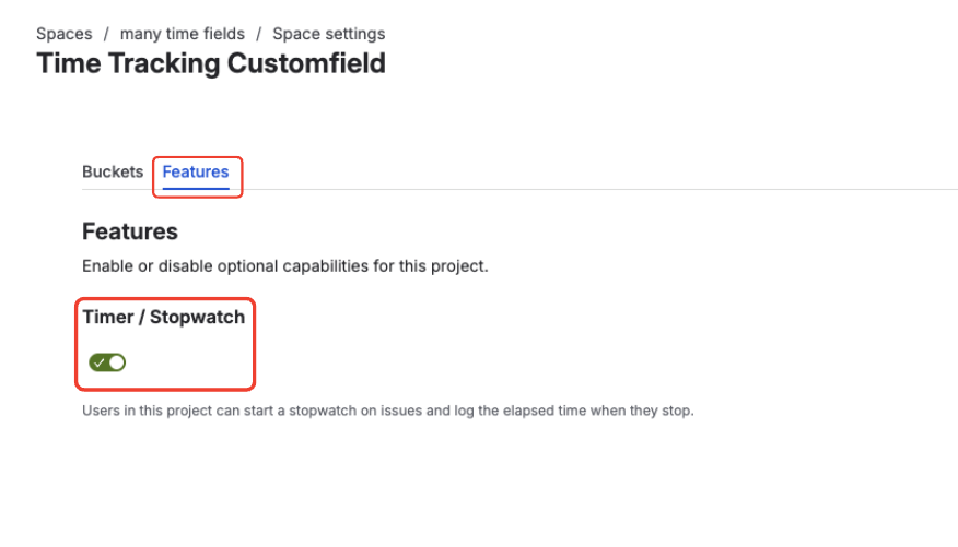 Project settings panel for Time Tracking Customfield Timer with Enable timer switched on
