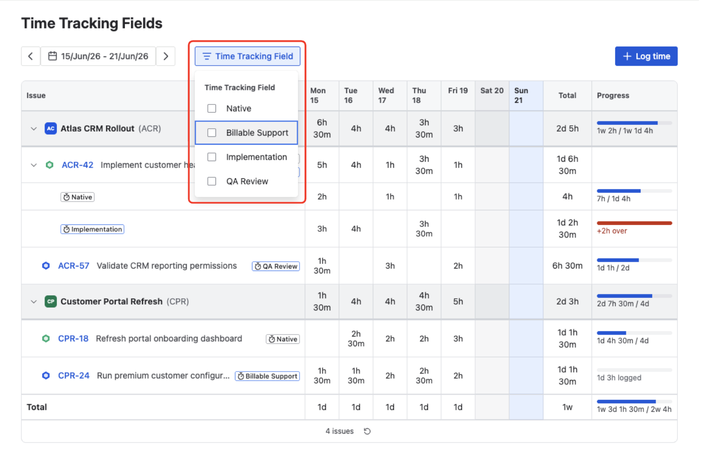 The Time Tracking Field filter open, listing the week's targets as checkboxes — Native, Billable Support, Implementation, and QA Review
