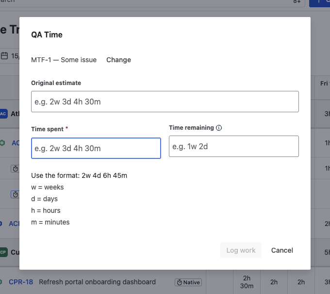 The Log work dialog for the QA Time field on issue MTF-1, with Original estimate, Time spent (required), and Time remaining fields and duration-format help