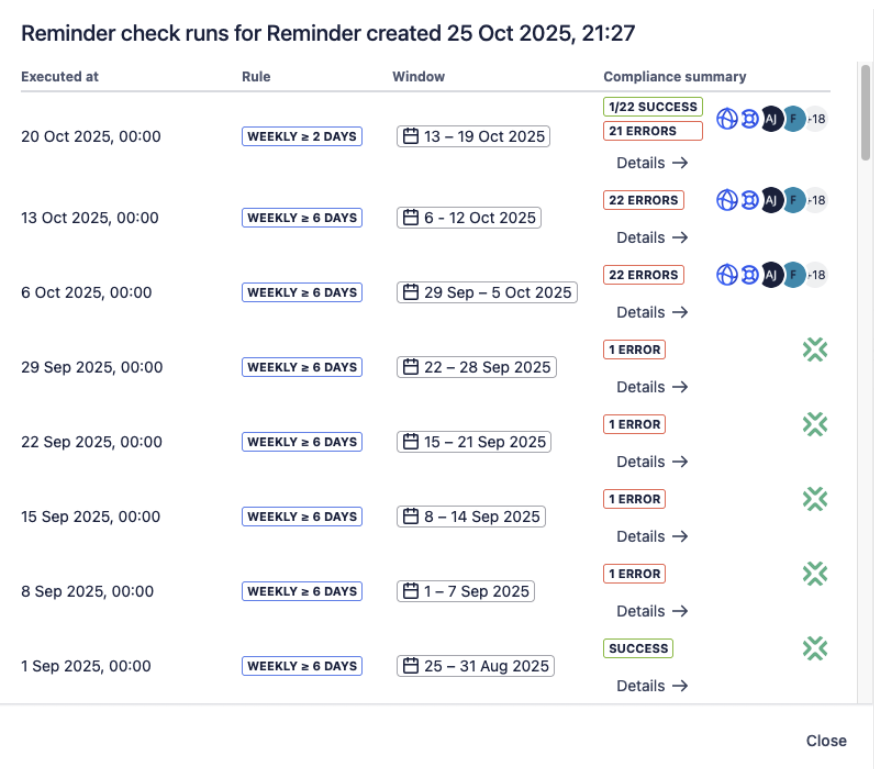 Worklog Reminder report and run history overview