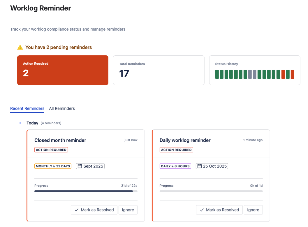 My Reminders workspace with active and resolved reminder entries