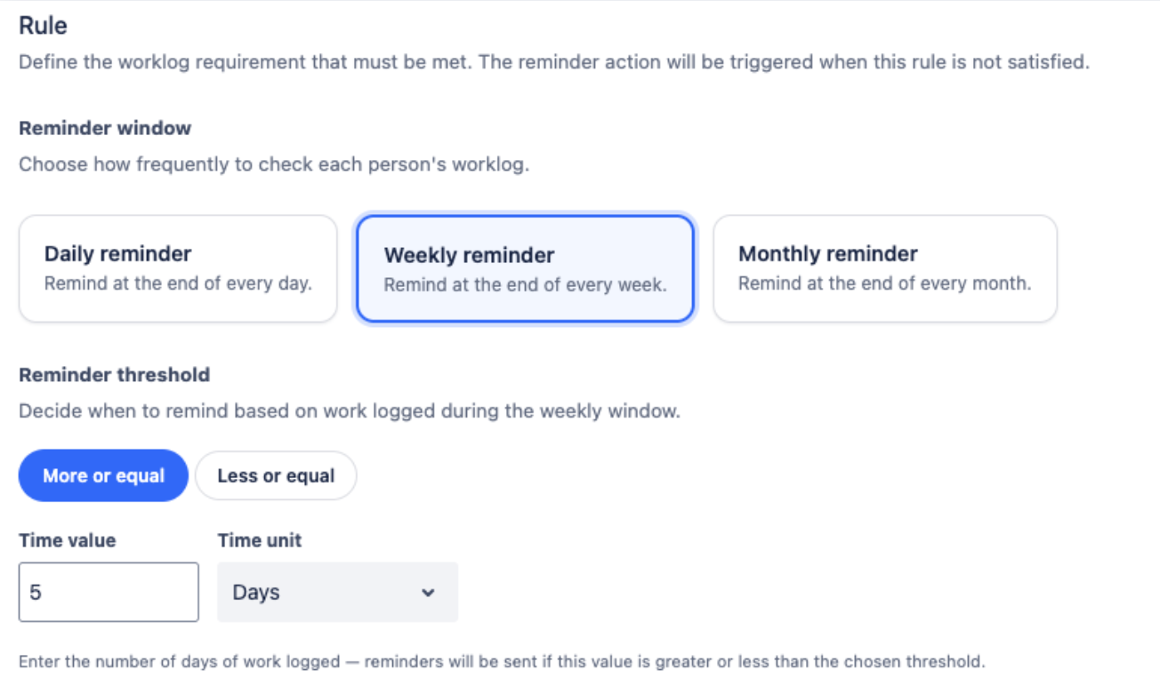 Worklog Reminder policy wizard with audience, window, and threshold setup